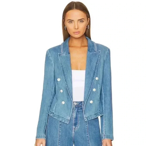 L’AGENCE Wayne Crop Double Breast Denim Jacket Sailor Nautical Tailored Blazer - Picture 1 of 16